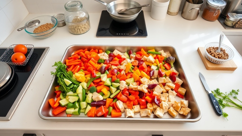 Organized kitchen countertop with a sheet pan of prepped ingredients