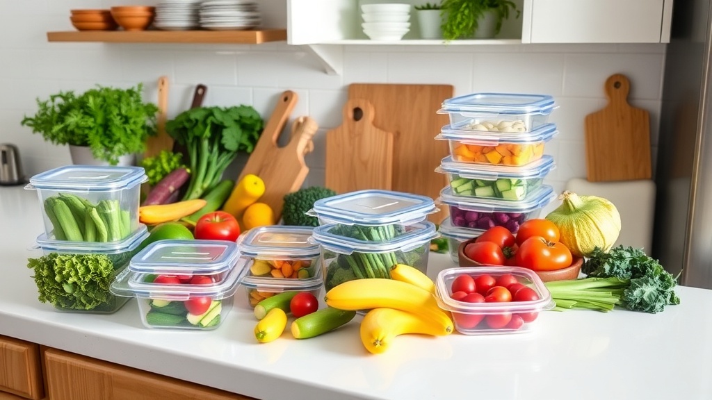 Organized kitchen countertop with fresh ingredients for meal prep