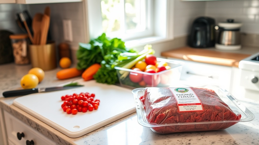 A kitchen scene showcasing ingredients for meal prep with ground beef and fresh vegetables.