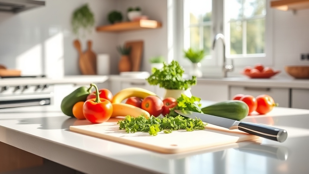 Clean kitchen prep surface with fresh ingredients
