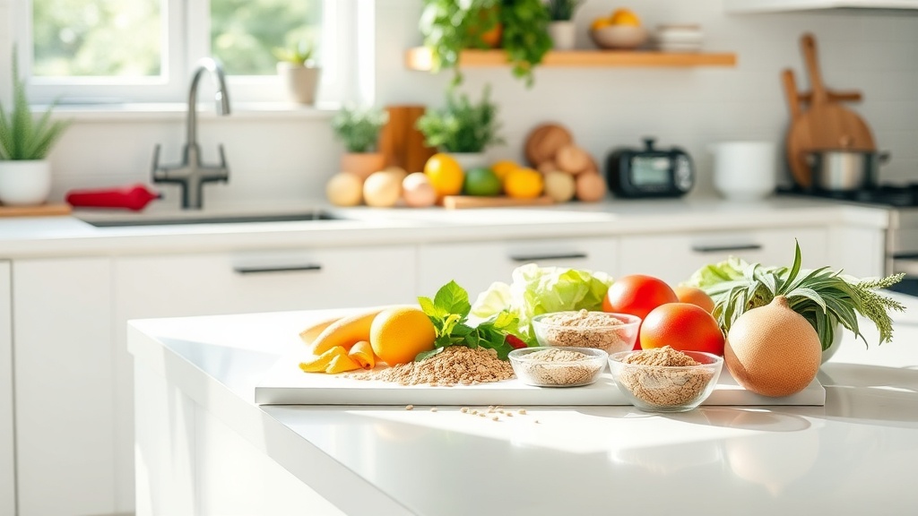 Bright kitchen with a clean prep surface and fresh ingredients for meal prep
