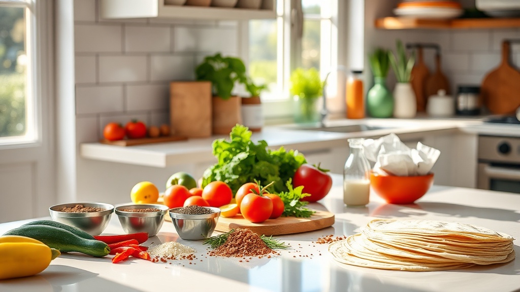 Colorful Mexican ingredients on a clean kitchen prep surface