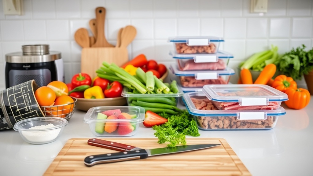Organized kitchen countertop with fresh ingredients for meal prep