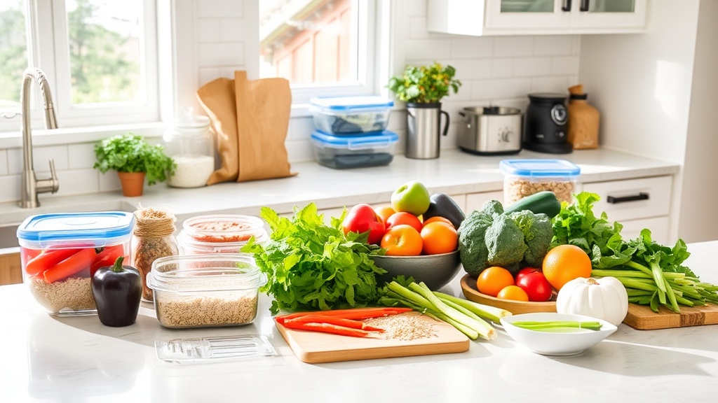 Organized kitchen countertop with fresh ingredients for meal prep