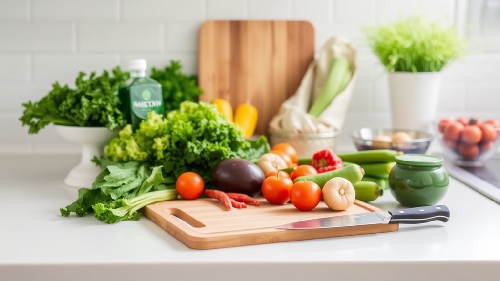 Clean kitchen countertop with fresh ingredients for meal prep