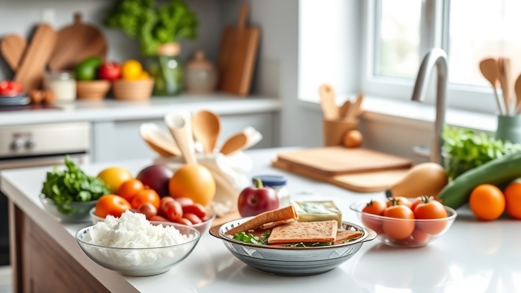 Organized kitchen countertop with fresh ingredients for snack meal prep