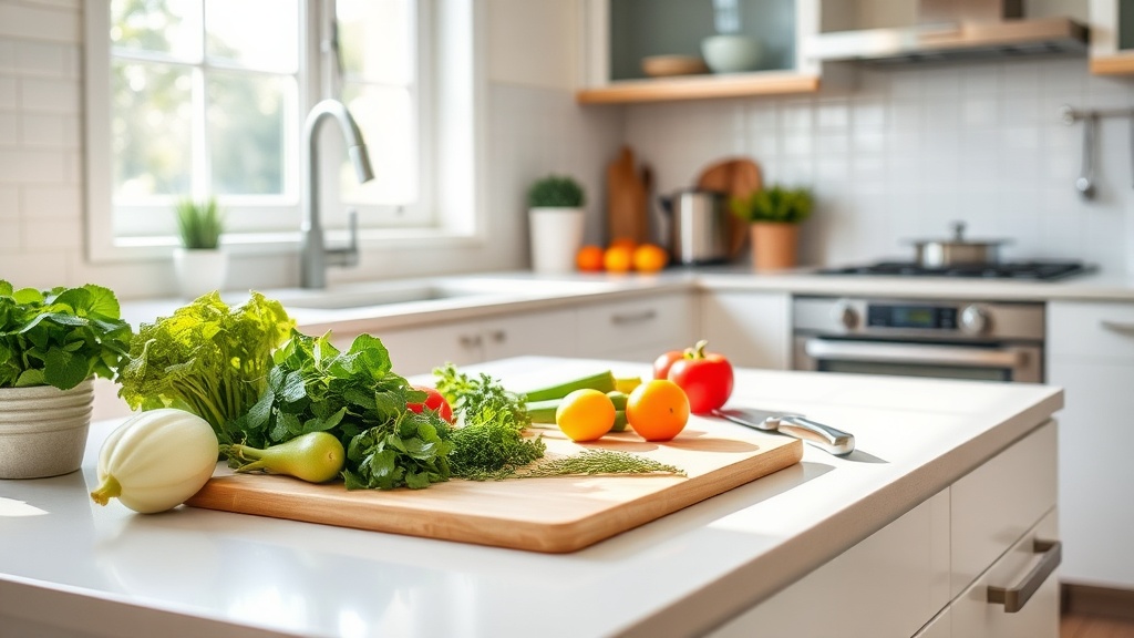 Modern kitchen with fresh ingredients and a clean prep surface