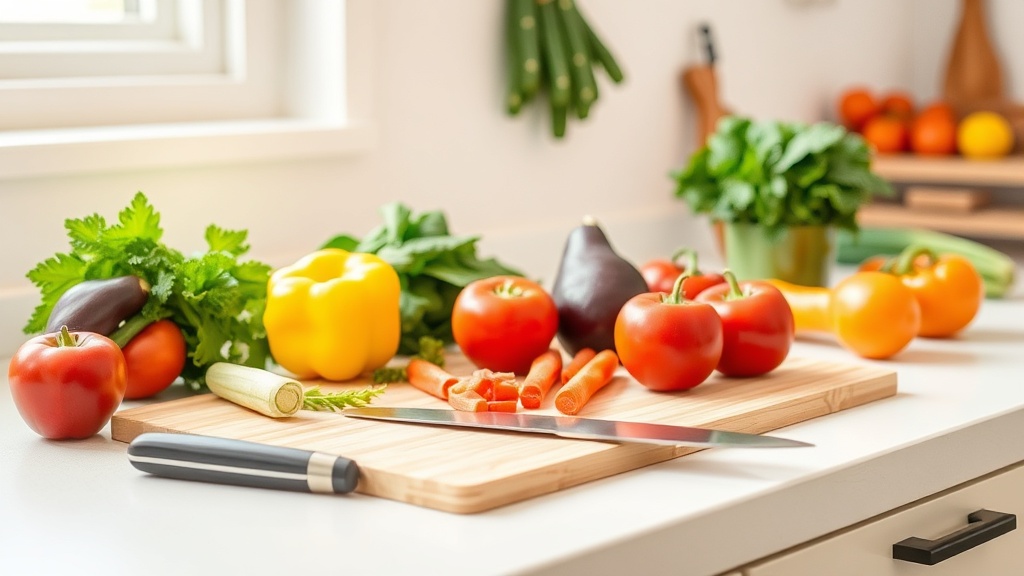 Organized kitchen countertop with fresh vegetables for meal prep