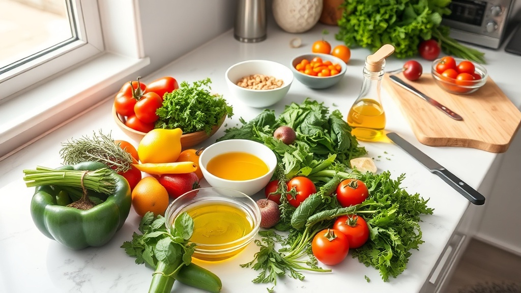 Mediterranean meal prep scene with fresh ingredients on a kitchen countertop