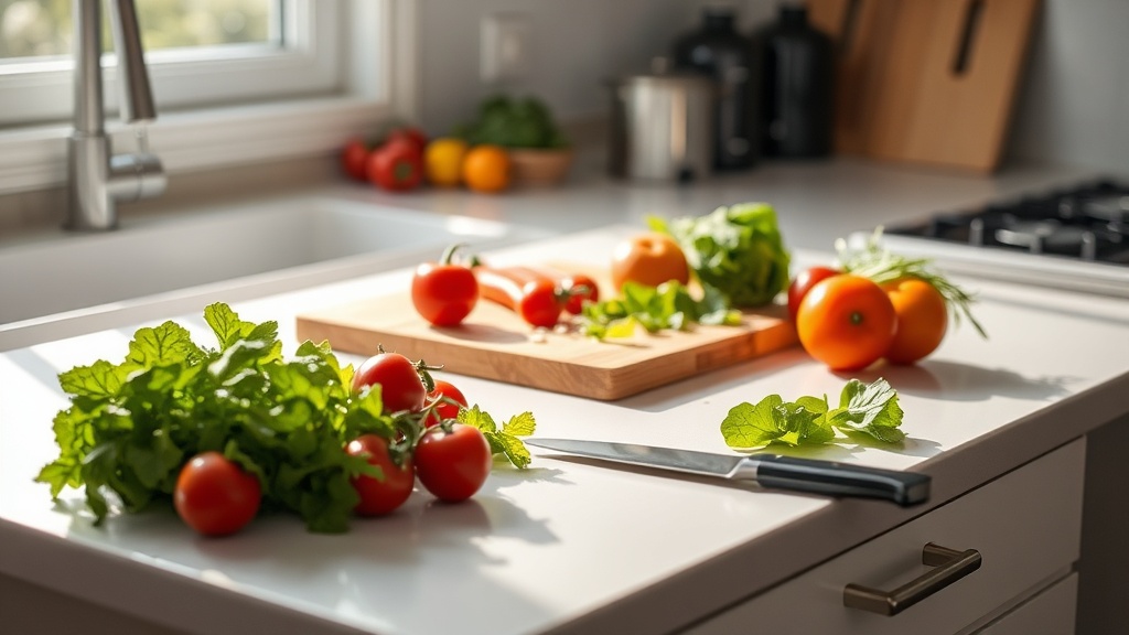 Organized kitchen prep area with fresh vegetables for salad preparation