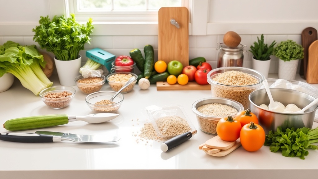 Organized kitchen countertop with fresh ingredients for meal prep