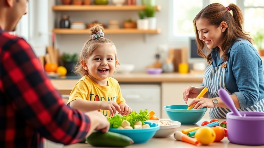 Child happily engaged in meal prep with colorful vegetables in a bright kitchen