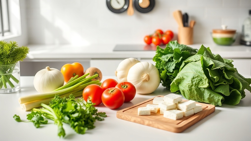 Clean kitchen countertop with fresh ingredients for meal prep