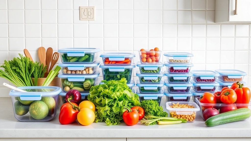 Organized kitchen countertop with fresh vegetables and meal prep containers