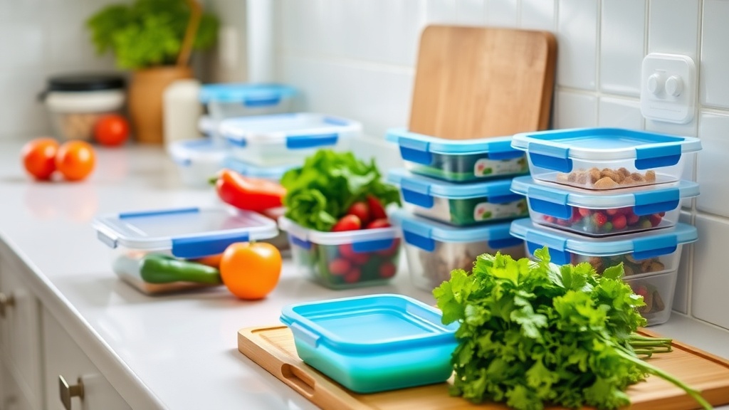 Organized kitchen countertop with fresh ingredients for meal prep
