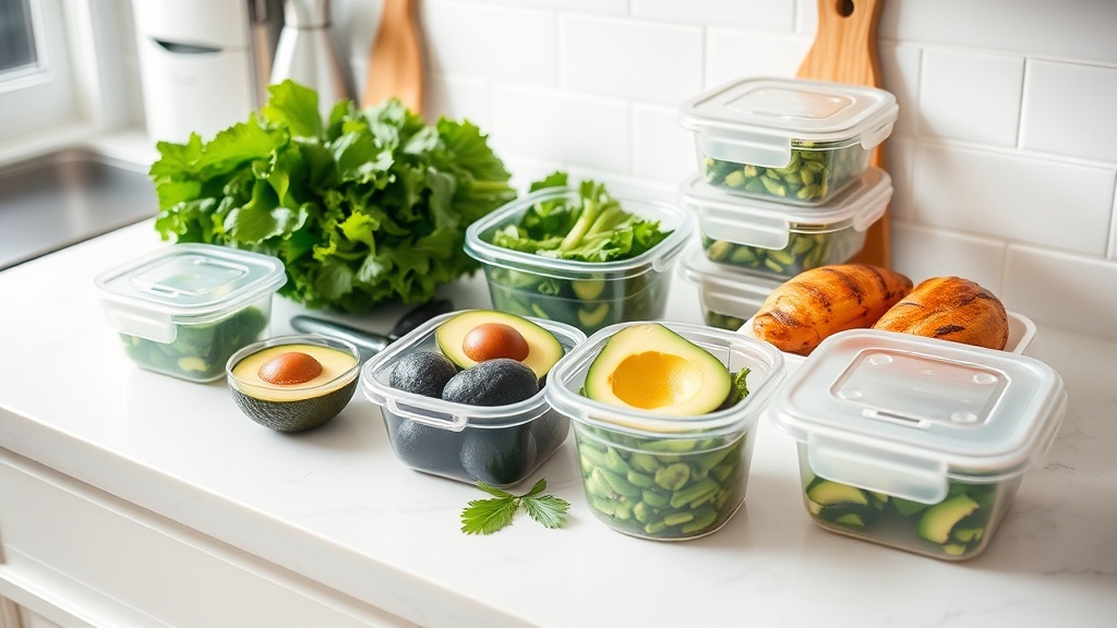Organized kitchen countertop with fresh low carb ingredients and meal prep containers
