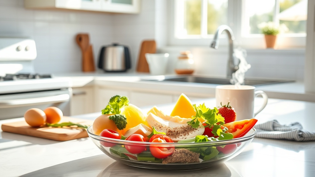 Bright kitchen with healthy breakfast ingredients