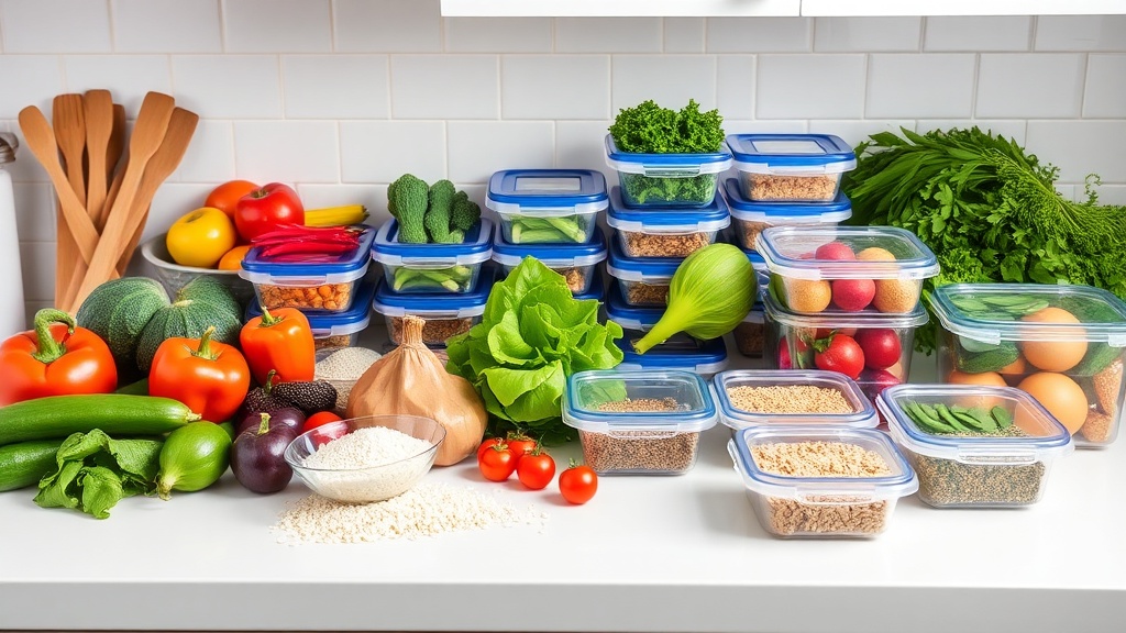 Clean kitchen countertop with fresh ingredients for meal prepping