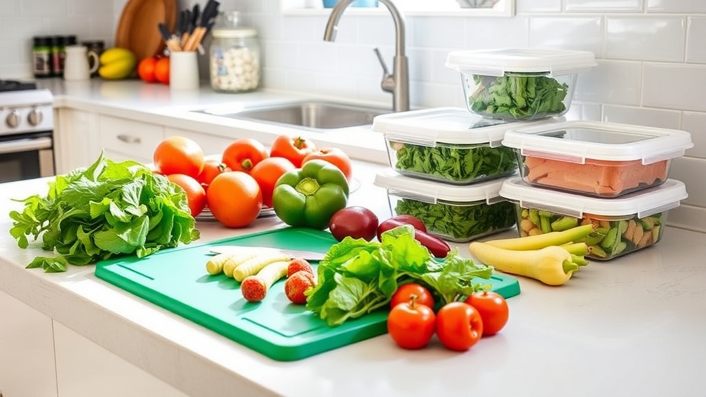 Organized kitchen countertop with fresh ingredients for meal prep