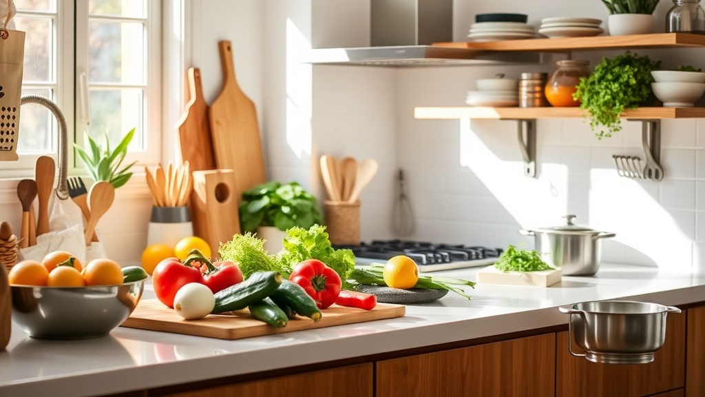 A clean and organized kitchen with fresh ingredients for meal prep
