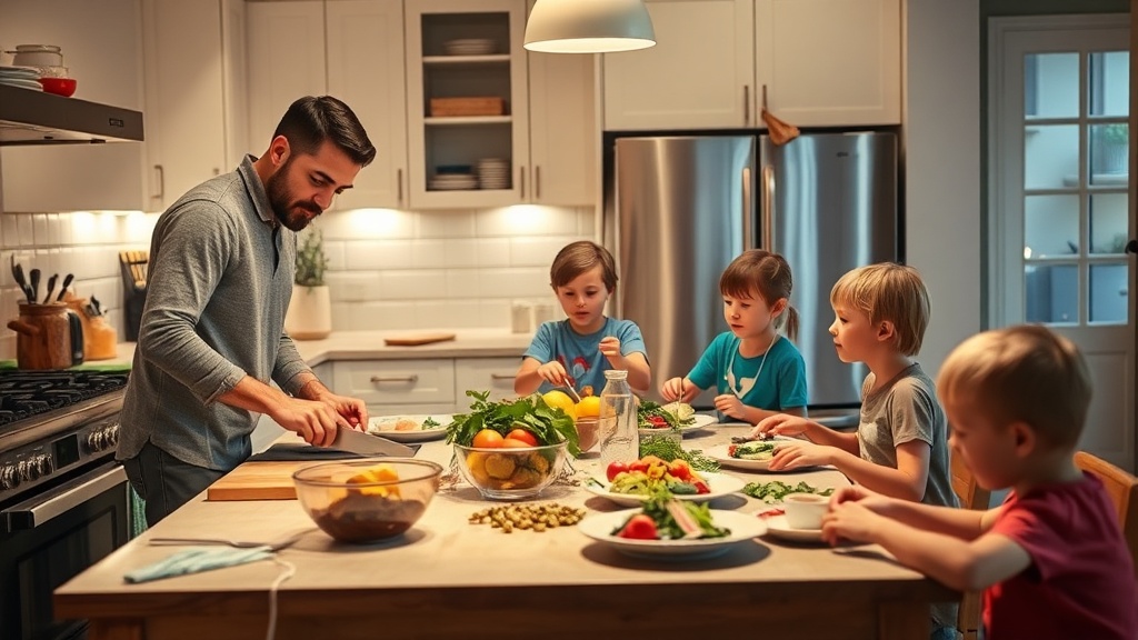 Family cooking together in a bright kitchen