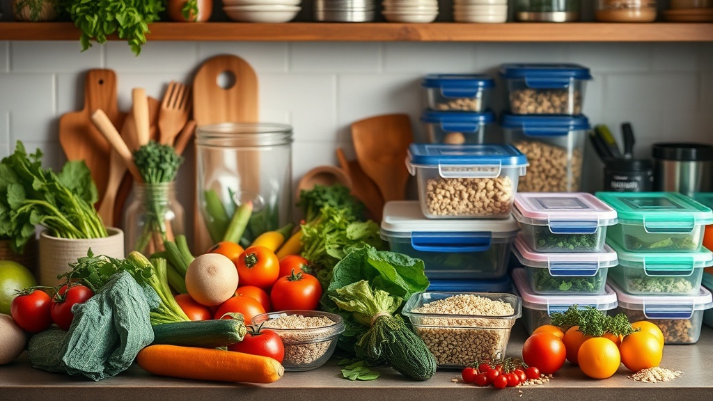 Organized kitchen countertop with fresh ingredients for meal prep