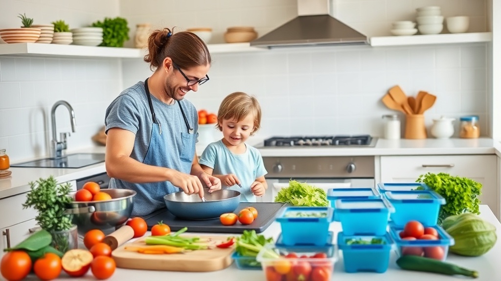 Parent and child preparing healthy meals in a bright kitchen
