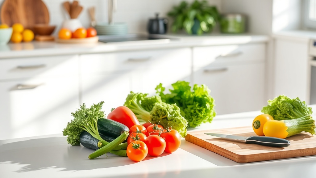 Organized kitchen countertop with fresh ingredients for meal prep
