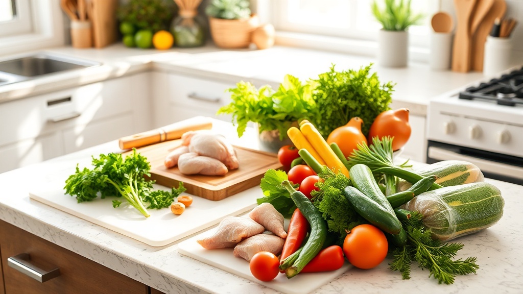 Organized kitchen countertop with meal prep ingredients