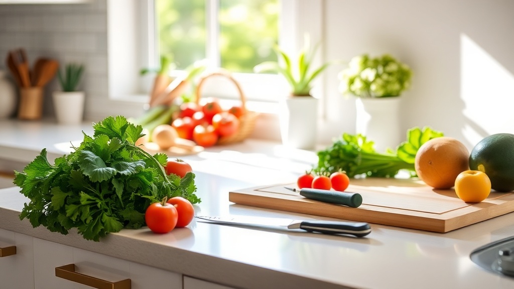 A well-lit kitchen countertop with fresh vegetables and a cutting board, symbolizing easy meal prep.