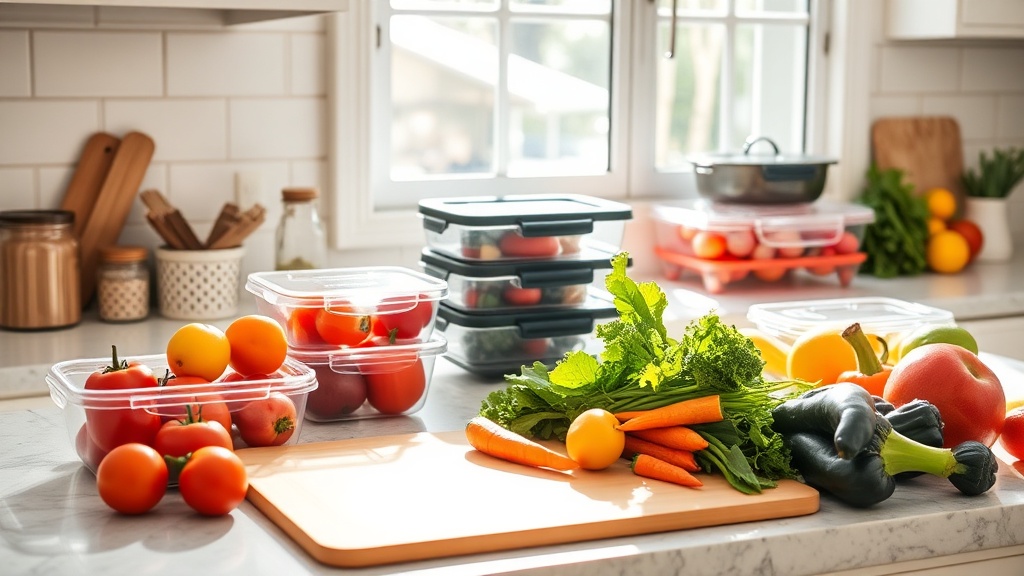 Organized kitchen countertop with fresh vegetables and meal prep containers