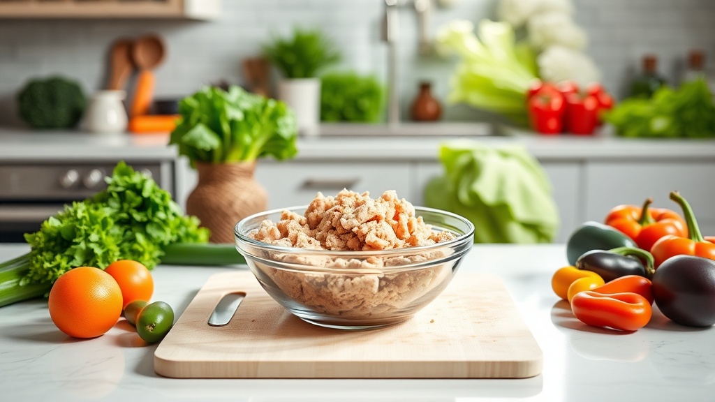 A modern kitchen countertop with ground chicken and fresh vegetables for meal prep.