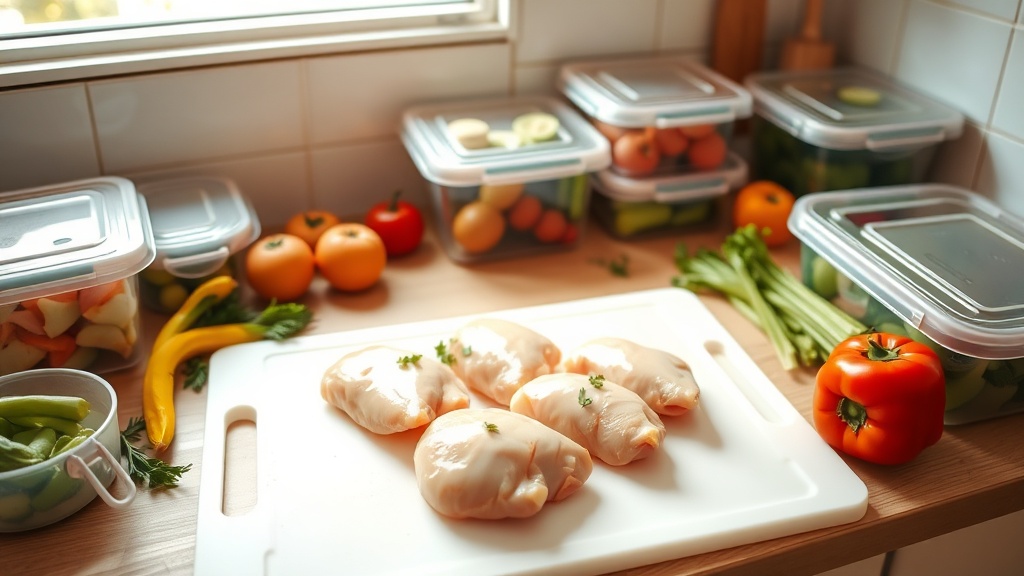 Organized kitchen countertop with chicken breasts and vegetables for meal prep