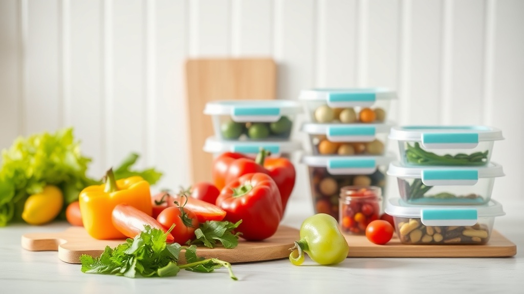 Organized kitchen countertop with fresh ingredients for meal prep