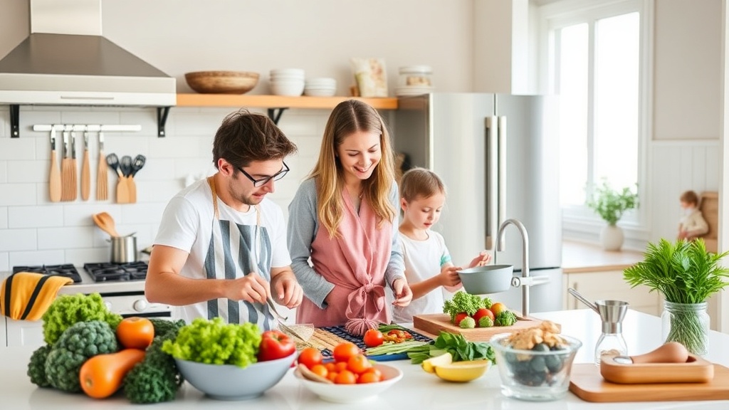 Parent preparing healthy meals in a bright, organized kitchen
