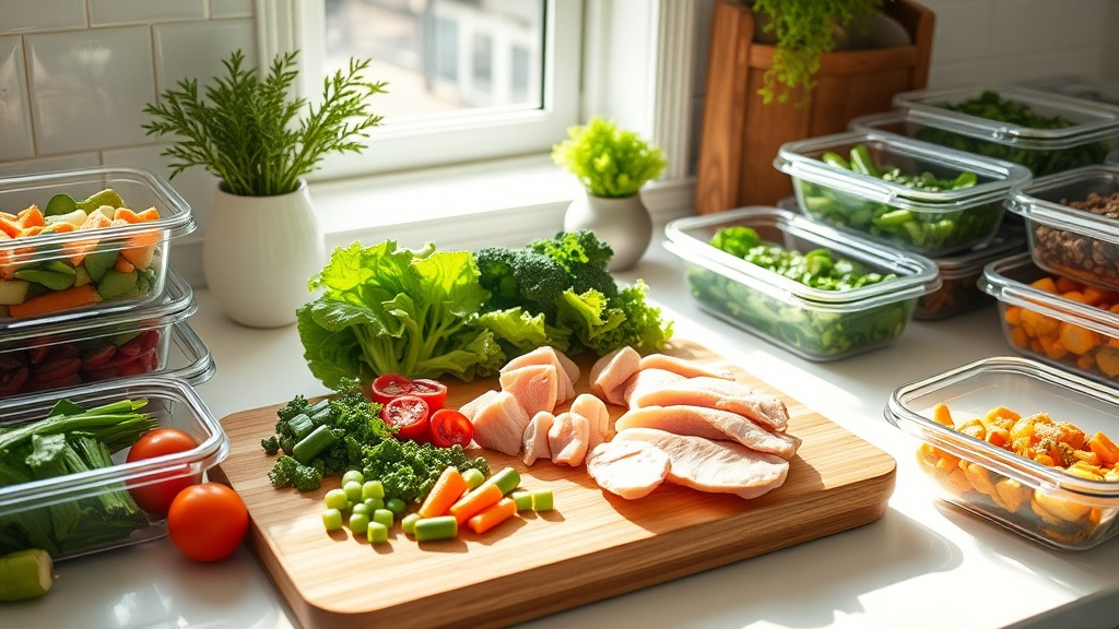 Bright kitchen with fresh ingredients for healthy meal prep