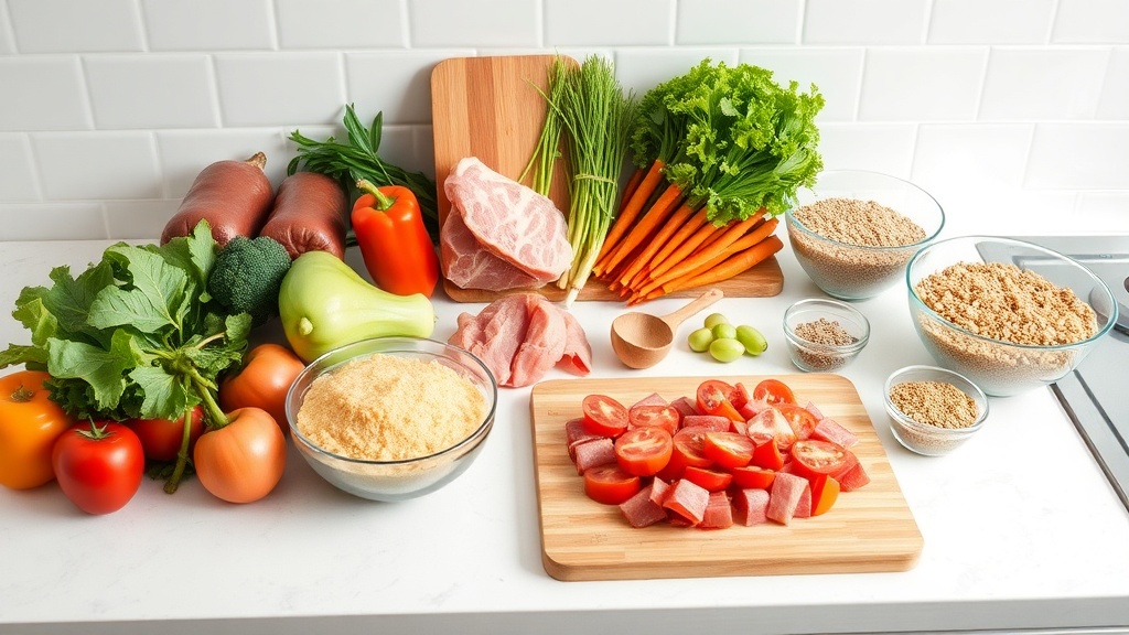 Organized kitchen countertop with fresh ingredients for high-protein lunch preparation