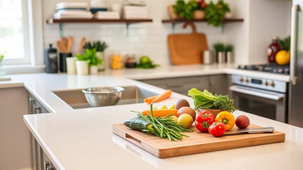 Organized kitchen countertop with fresh ingredients for meal prep