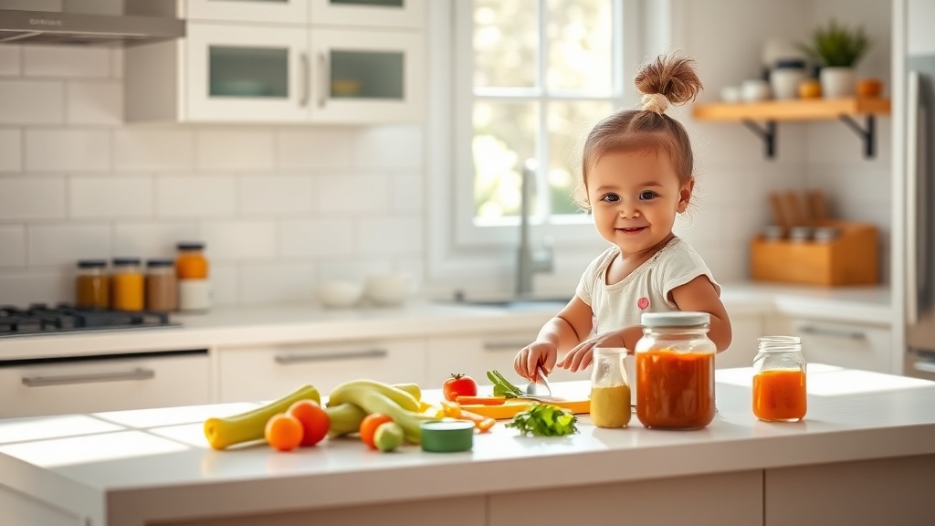 Parent happily preparing baby food in a bright kitchen