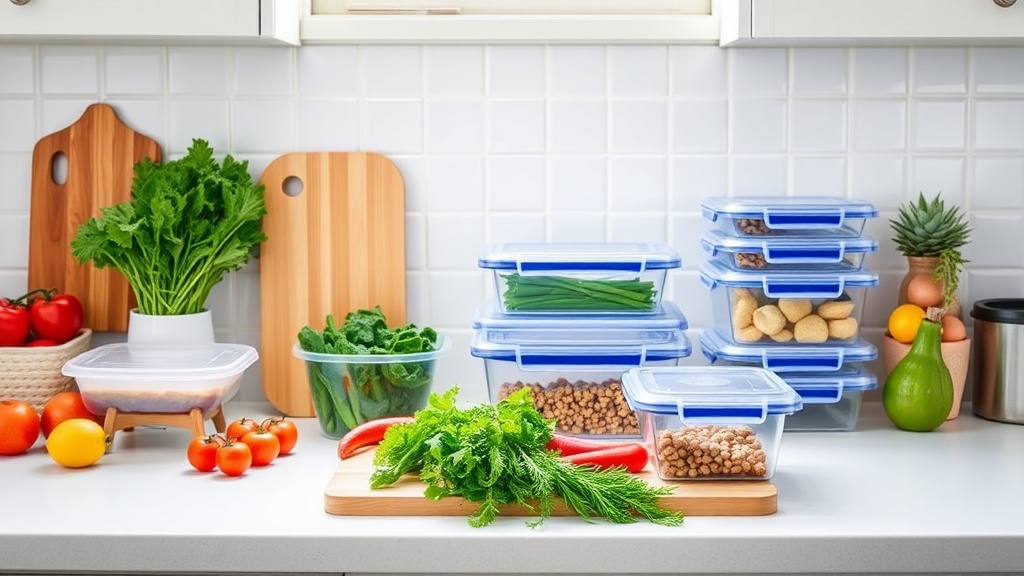 Organized kitchen countertop with fresh ingredients for meal prep