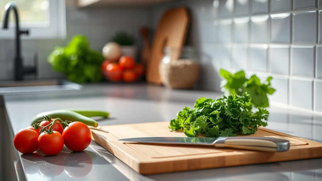 Organized kitchen countertop with fresh vegetables and cutting board