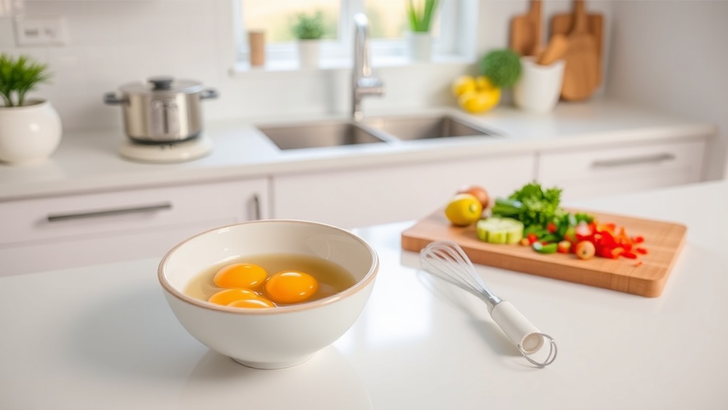 A clean kitchen countertop with eggs and vegetables for breakfast prep