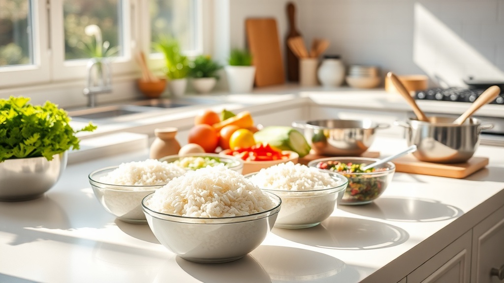 Bright kitchen with organized meal prep ingredients