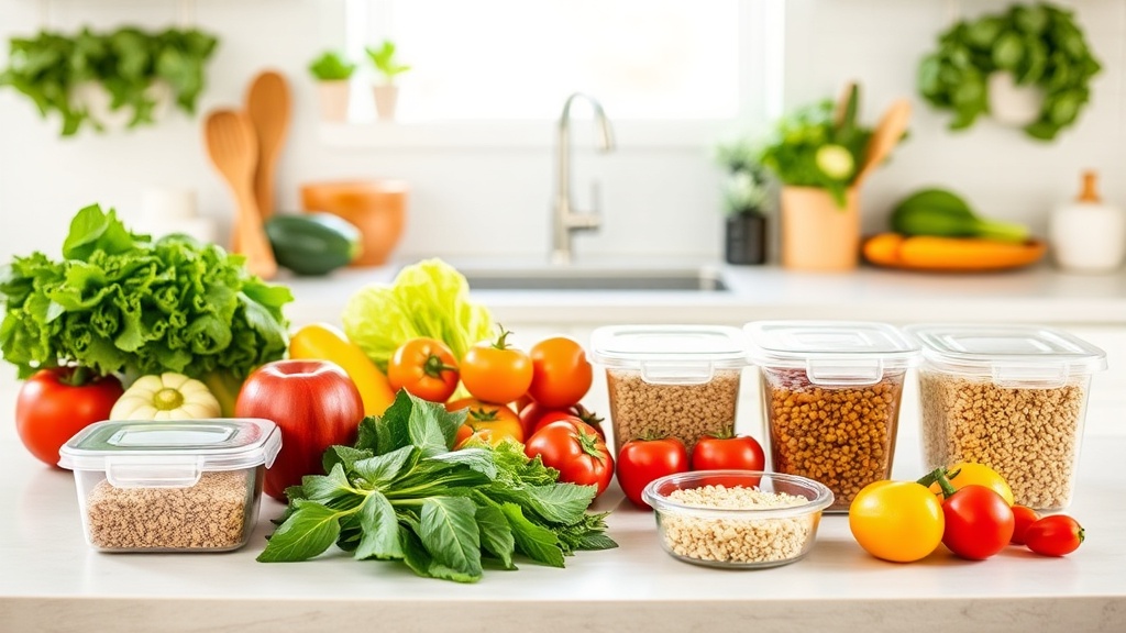Organized kitchen countertop with fresh ingredients for meal prep