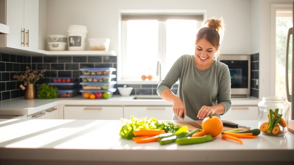 A person happily preparing vegetables in a sunny kitchen