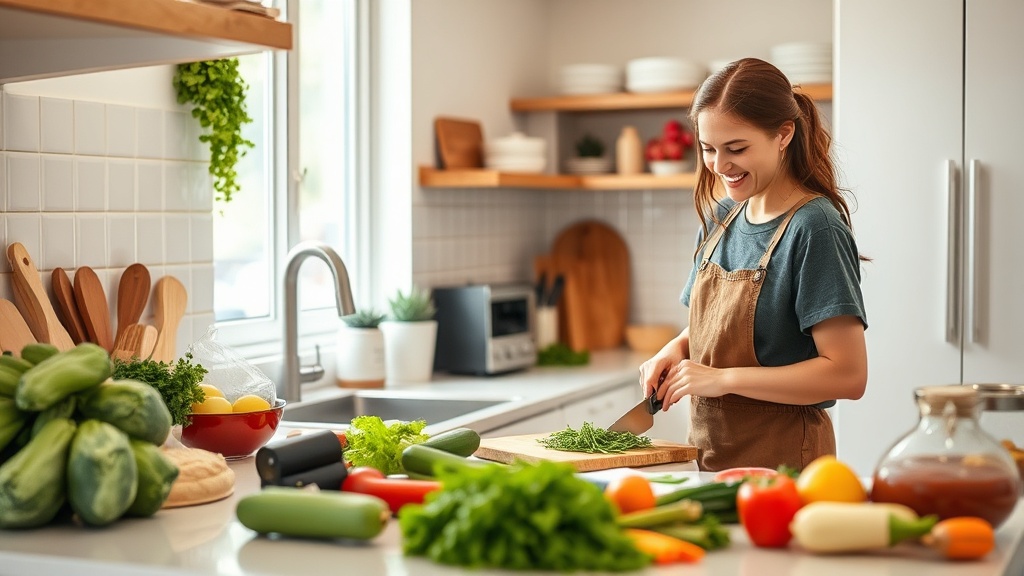 A person preparing meals in a clean and organized kitchen