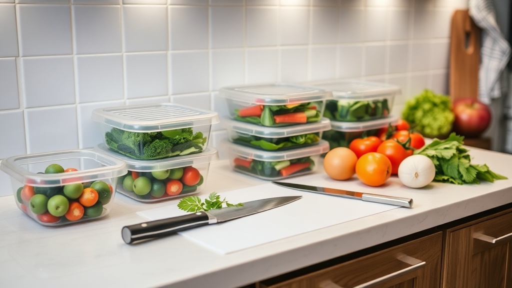 Organized kitchen countertop with meal prep tools and fresh ingredients