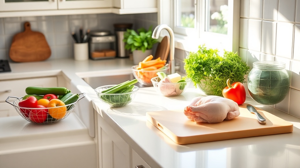Organized kitchen countertop with fresh ingredients for meal prep