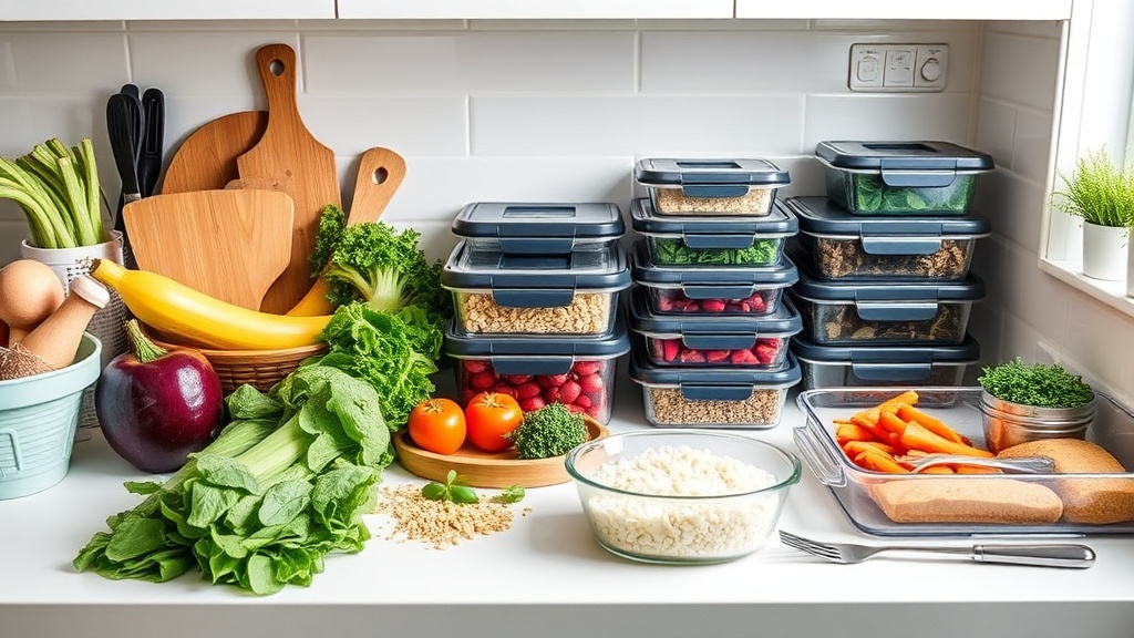 Organized kitchen countertop with fresh ingredients for meal prep