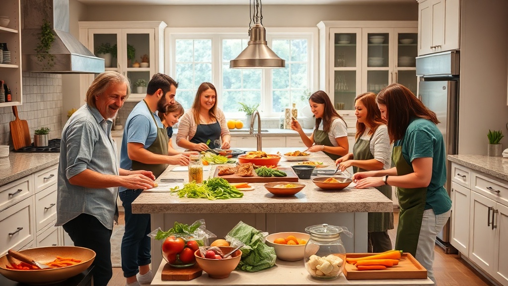Family cooking together in a bright kitchen